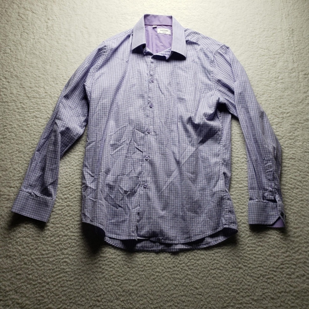 Duchamp London Dress Shirt Mens 16 Purple Check Slim Fit Stretch Long Sleeve